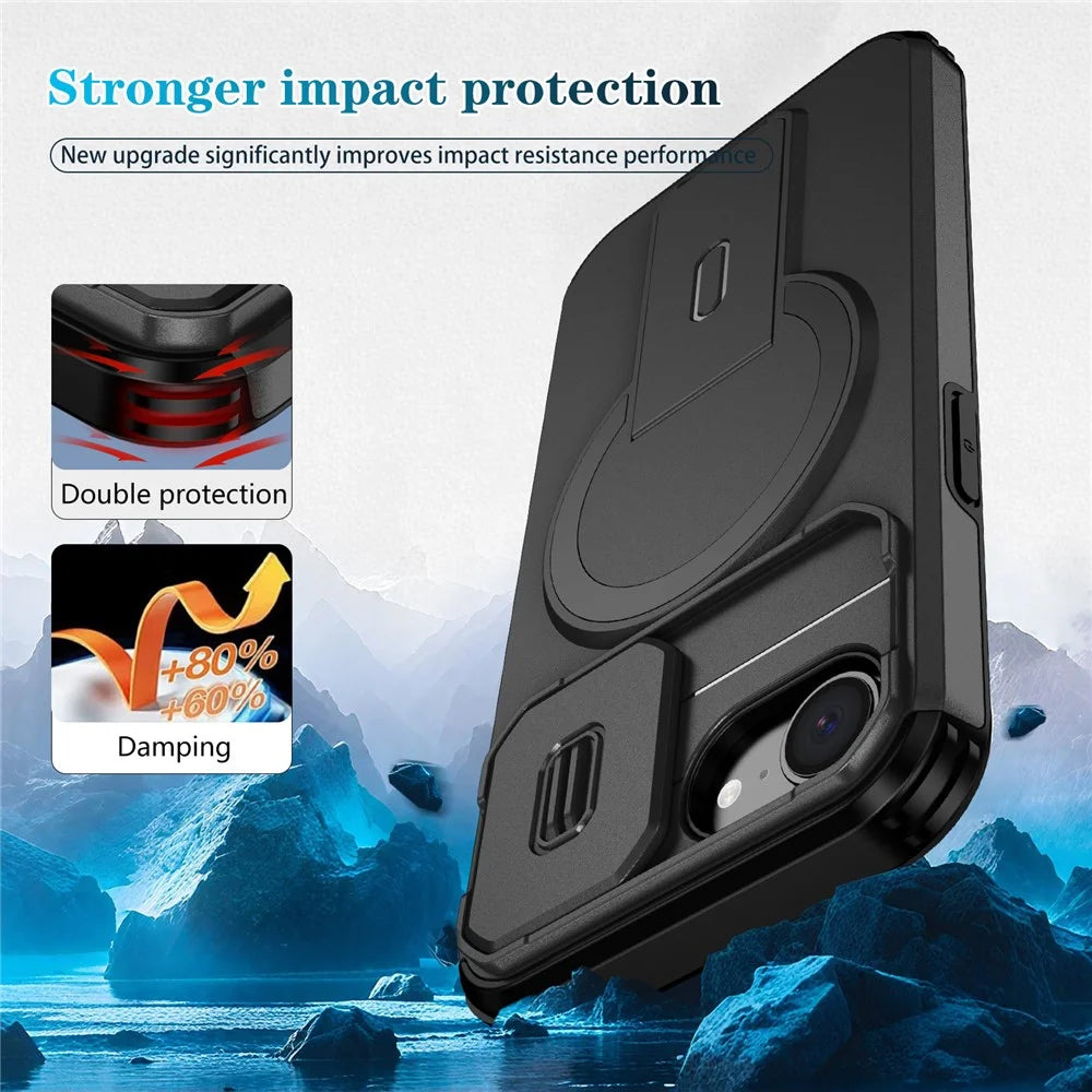For iPhone 17e / 16e Case Kickstand Camera Slider PC + TPU Phone Cover Compatible with MagSafe - Black - 2