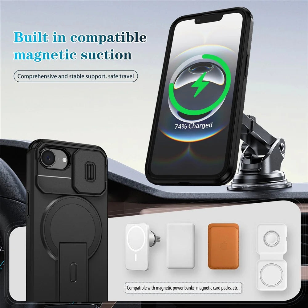 For iPhone 17e / 16e Case Kickstand Camera Slider PC + TPU Phone Cover Compatible with MagSafe - Black - 7