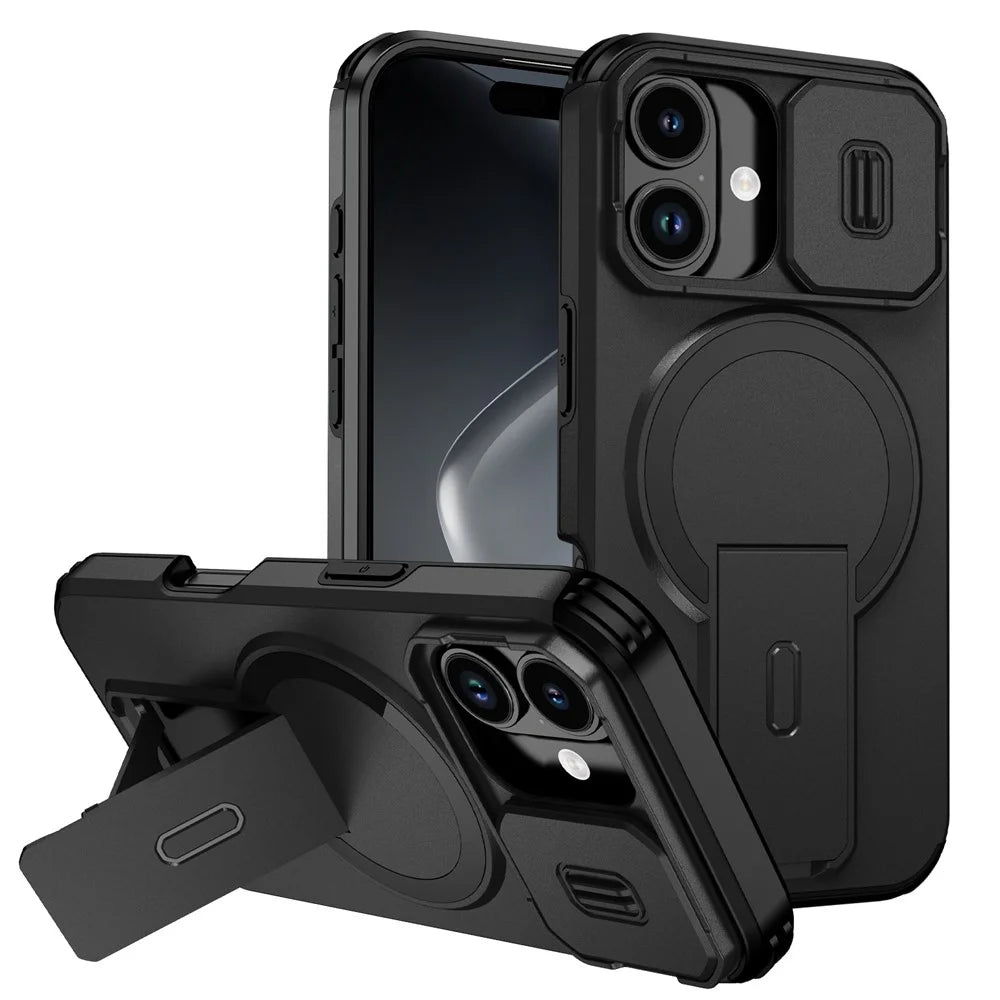 For iPhone 17 Case Kickstand Camera Slider PC + TPU Phone Cover Compatible with MagSafe - Black - 1