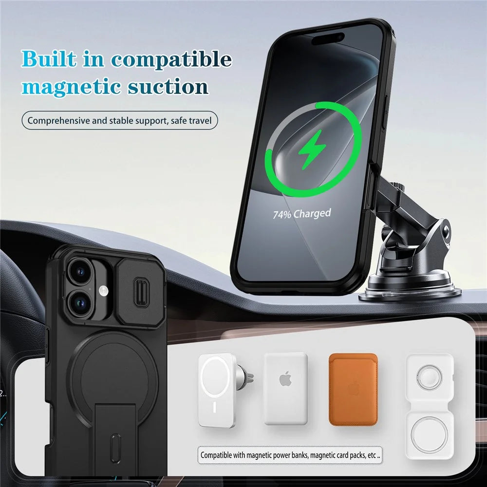 For iPhone 17 Case Kickstand Camera Slider PC + TPU Phone Cover Compatible with MagSafe - Black - 7