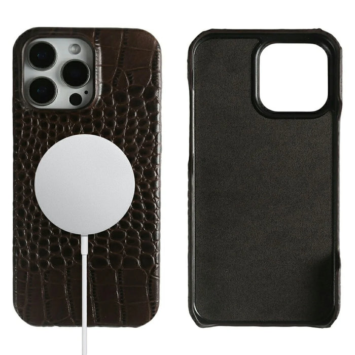For iPhone 16 Pro Max Case Crocodile Texture Genuine Cow Leather Coated PC Phone Cover Compatible with MagSafe - Coffee - 1