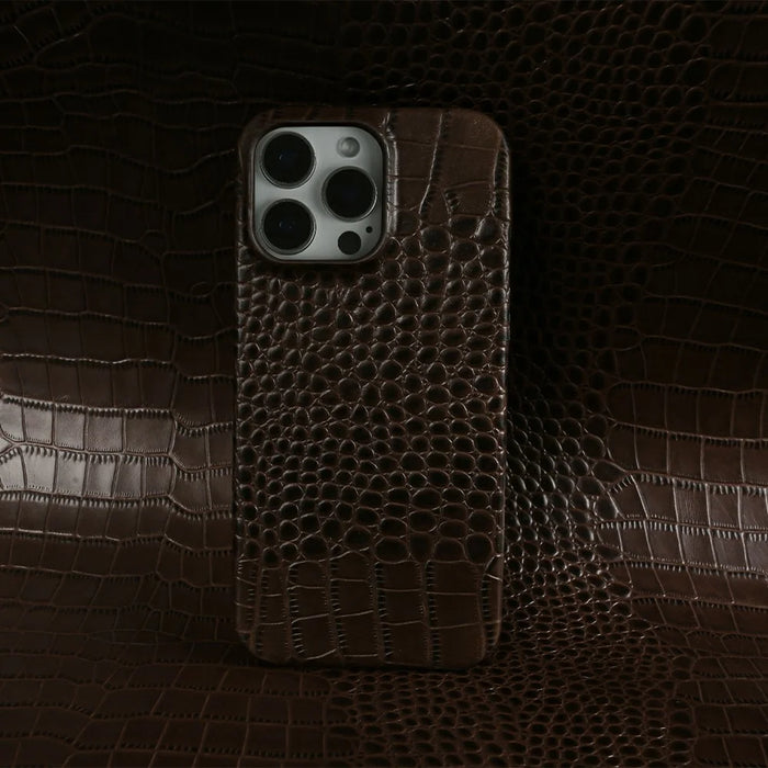For iPhone 16 Pro Max Case Crocodile Texture Genuine Cow Leather Coated PC Phone Cover Compatible with MagSafe - Coffee - 2