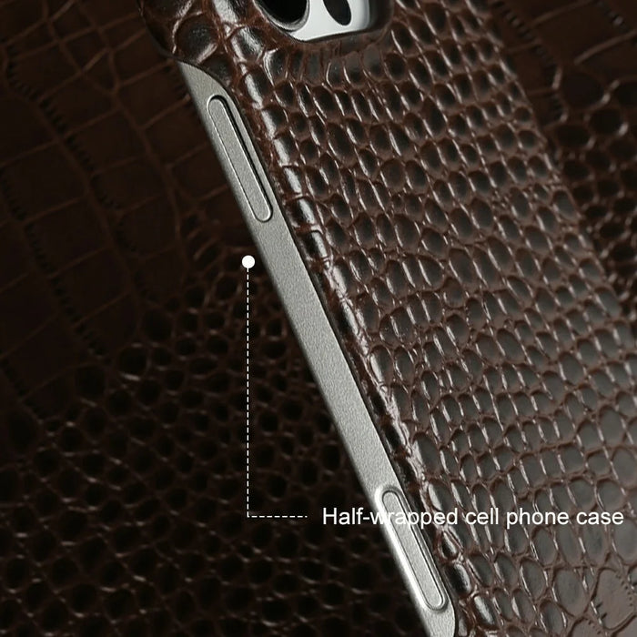 For iPhone 16 Pro Max Case Crocodile Texture Genuine Cow Leather Coated PC Phone Cover Compatible with MagSafe - Coffee - 4