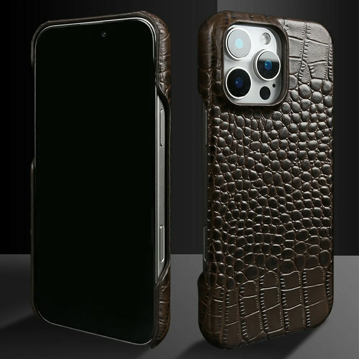 For iPhone 16 Pro Max Case Crocodile Texture Genuine Cow Leather Coated PC Phone Cover Compatible with MagSafe - Coffee - 6