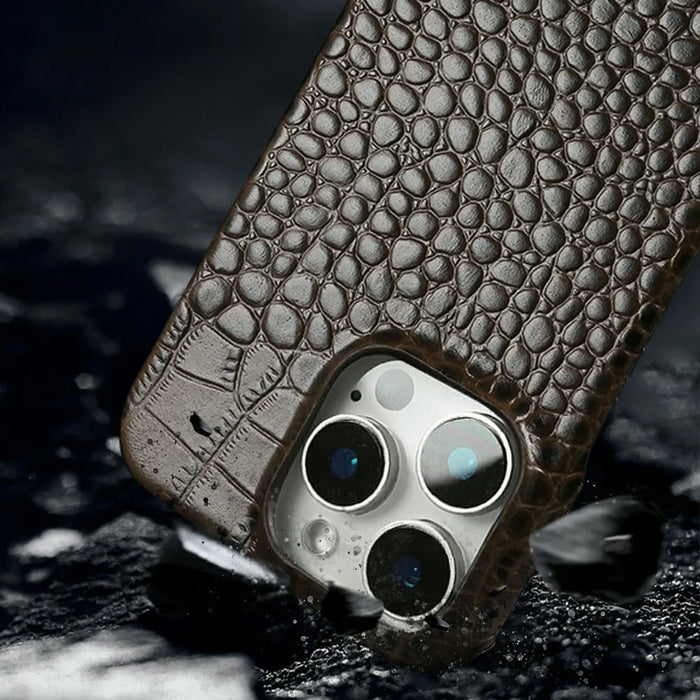 For iPhone 16 Pro Max Case Crocodile Texture Genuine Cow Leather Coated PC Phone Cover Compatible with MagSafe - Coffee - 7