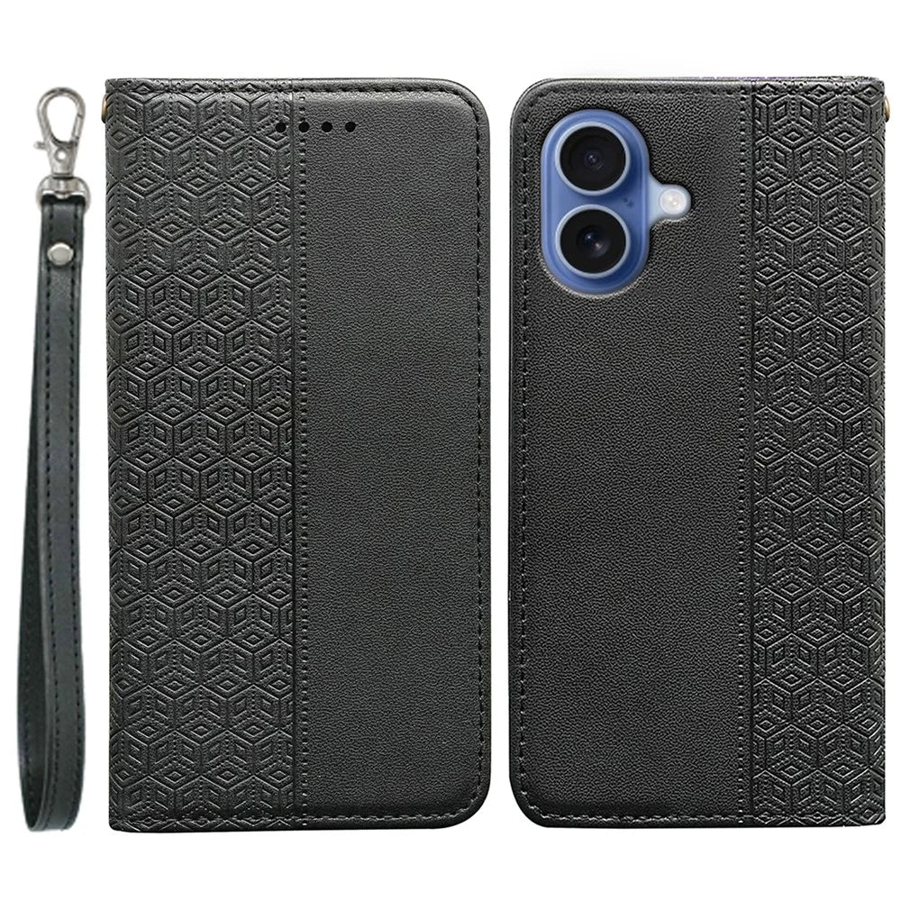 For iPhone 17 Wallet Phone Case Checkered Pattern Imprint Leather Flip Cover with Wrist Strap - Black - 1