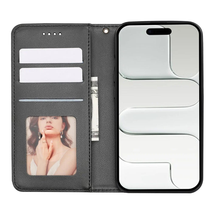 For iPhone 17 Wallet Phone Case Checkered Pattern Imprint Leather Flip Cover with Wrist Strap - Black - 2