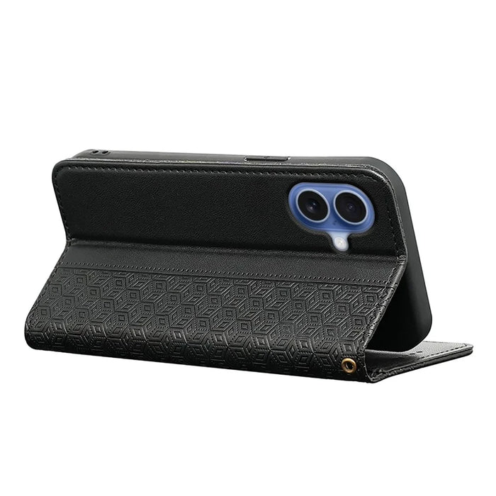 For iPhone 17 Wallet Phone Case Checkered Pattern Imprint Leather Flip Cover with Wrist Strap - Black - 4
