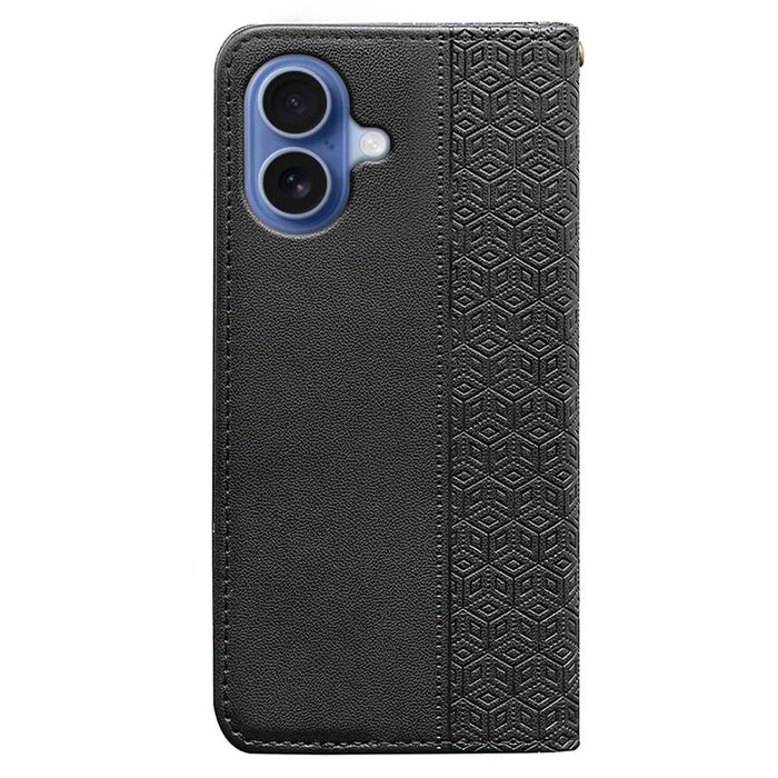 For iPhone 17 Wallet Phone Case Checkered Pattern Imprint Leather Flip Cover with Wrist Strap - Black - 6