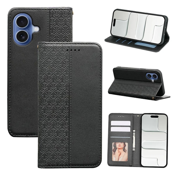 For iPhone 17 Wallet Phone Case Checkered Pattern Imprint Leather Flip Cover with Wrist Strap - Black - 7
