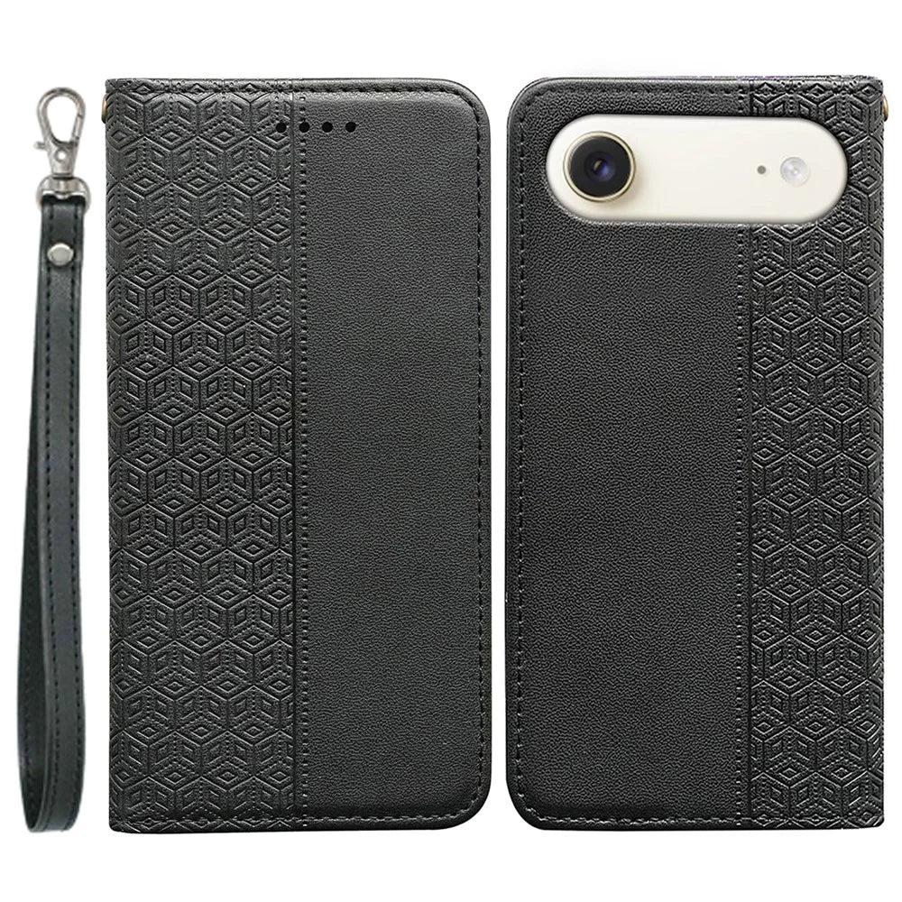 For iPhone Air Wallet Phone Case Checkered Pattern Imprint Leather Flip Cover with Wrist Strap - Black - 1
