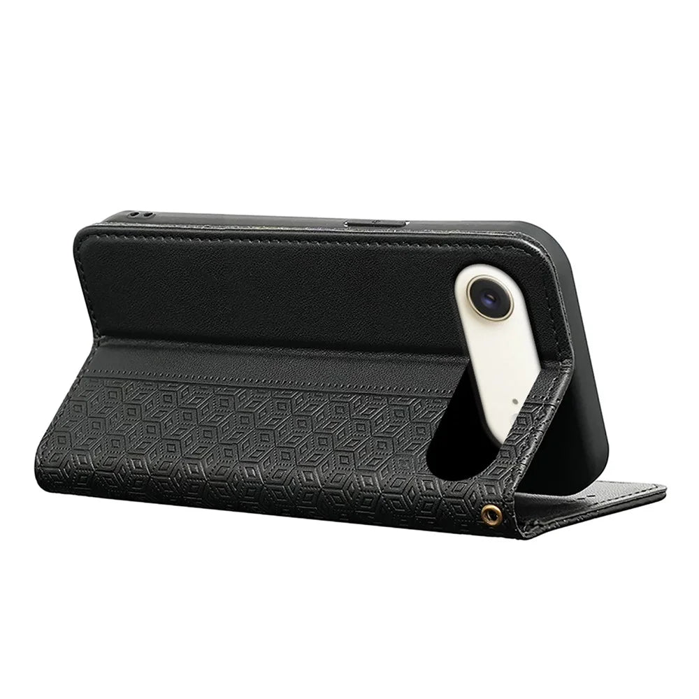 For iPhone Air Wallet Phone Case Checkered Pattern Imprint Leather Flip Cover with Wrist Strap - Black - 4