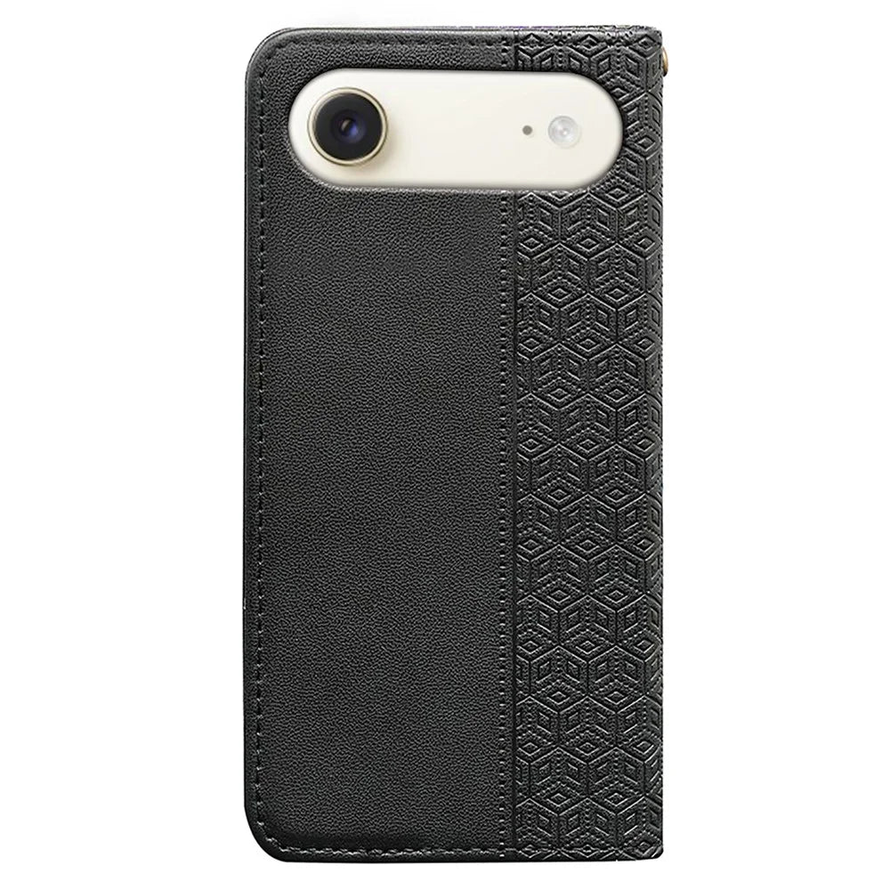 For iPhone Air Wallet Phone Case Checkered Pattern Imprint Leather Flip Cover with Wrist Strap - Black - 6