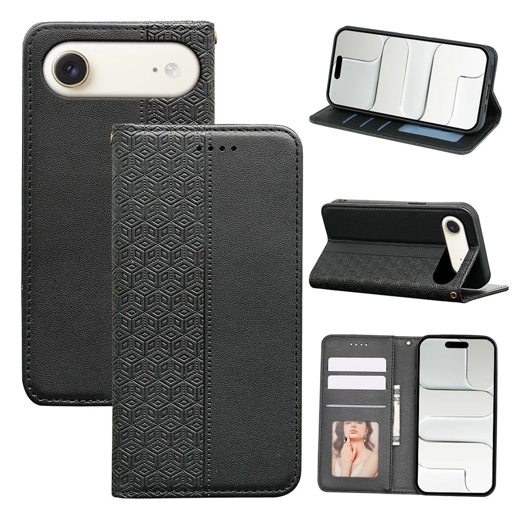 For iPhone Air Wallet Phone Case Checkered Pattern Imprint Leather Flip Cover with Wrist Strap - Black - 7