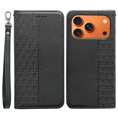 For iPhone 18 Pro / 17 Pro Wallet Phone Case Checkered Pattern Imprint Leather Flip Cover with Wrist Strap - Black - 1