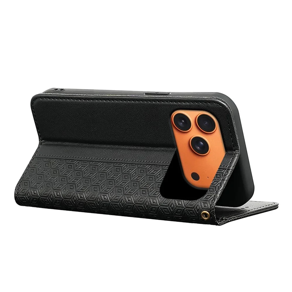 For iPhone 18 Pro / 17 Pro Wallet Phone Case Checkered Pattern Imprint Leather Flip Cover with Wrist Strap - Black - 4