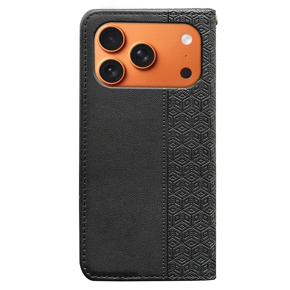 For iPhone 18 Pro / 17 Pro Wallet Phone Case Checkered Pattern Imprint Leather Flip Cover with Wrist Strap - Black - 6