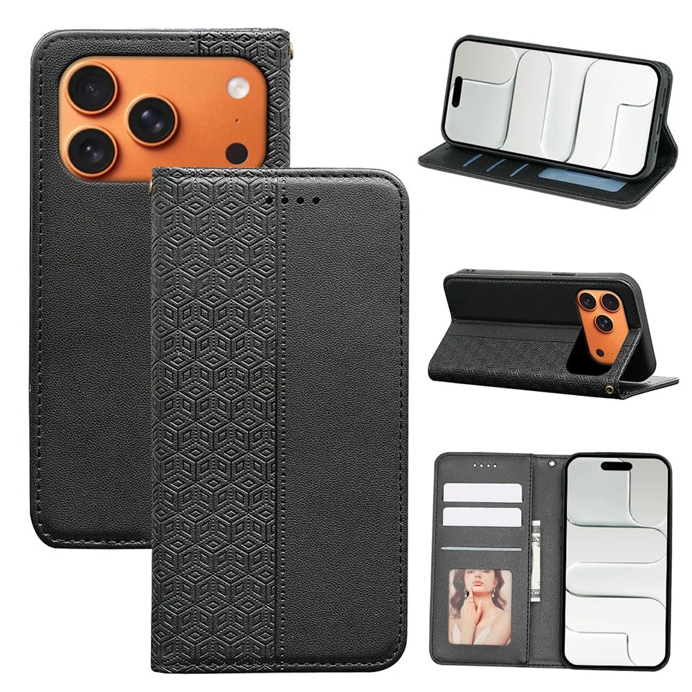 For iPhone 18 Pro / 17 Pro Wallet Phone Case Checkered Pattern Imprint Leather Flip Cover with Wrist Strap - Black - 7