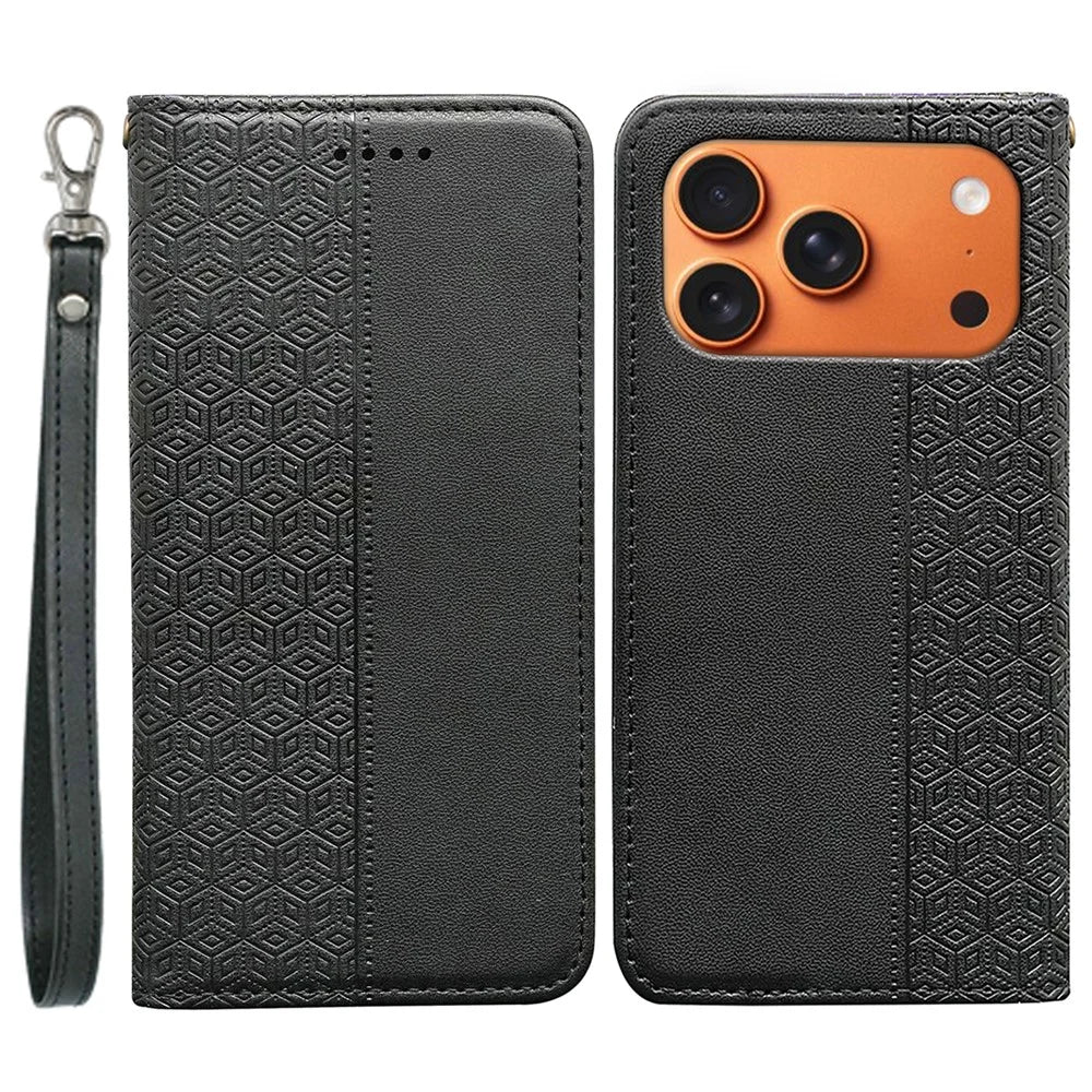 For iPhone 18 Pro Max / 17 Pro Max Wallet Phone Case Checkered Pattern Imprint Leather Flip Cover with Wrist Strap - Black - 1