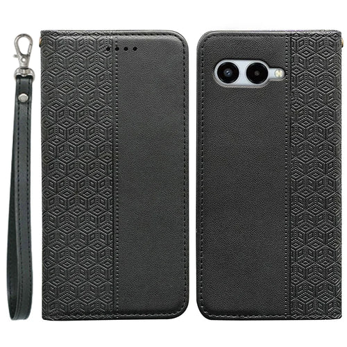 For T-Mobile REVVL 8 Wallet Phone Case Checkered Pattern Imprint Leather Flip Cover with Wrist Strap - Black - 1