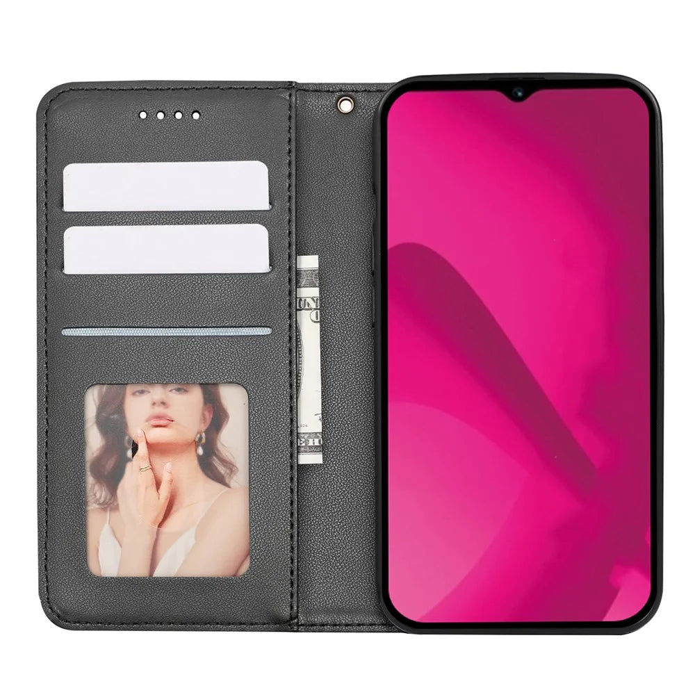 For T-Mobile REVVL 8 Wallet Phone Case Checkered Pattern Imprint Leather Flip Cover with Wrist Strap - Black - 2