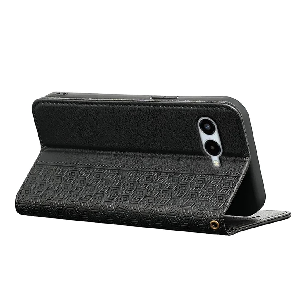 For T-Mobile REVVL 8 Wallet Phone Case Checkered Pattern Imprint Leather Flip Cover with Wrist Strap - Black - 4
