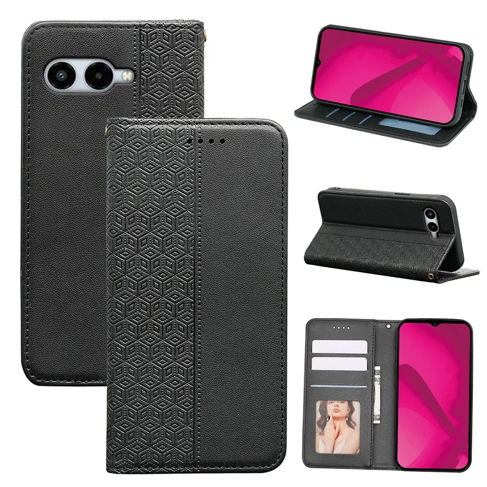 For T-Mobile REVVL 8 Wallet Phone Case Checkered Pattern Imprint Leather Flip Cover with Wrist Strap - Black - 7