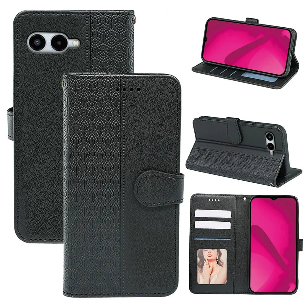 For T-Mobile REVVL 8 Wallet Phone Case Pattern Imprint Leather Flip Cover - Black - 7
