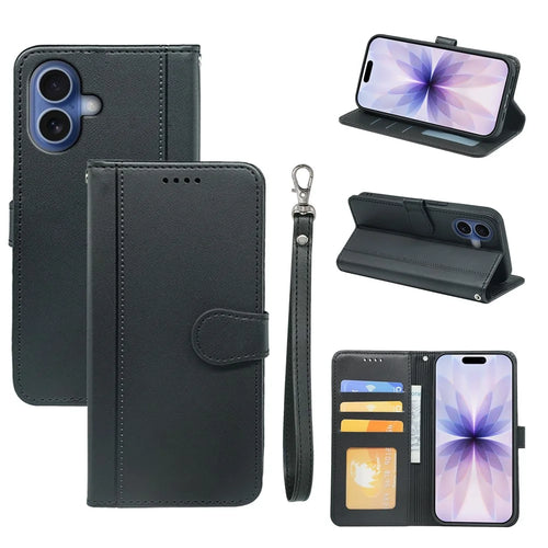 For iPhone 17 Wallet Case Magnetic Snap Leather Phone Cover with Strap - Black - 1