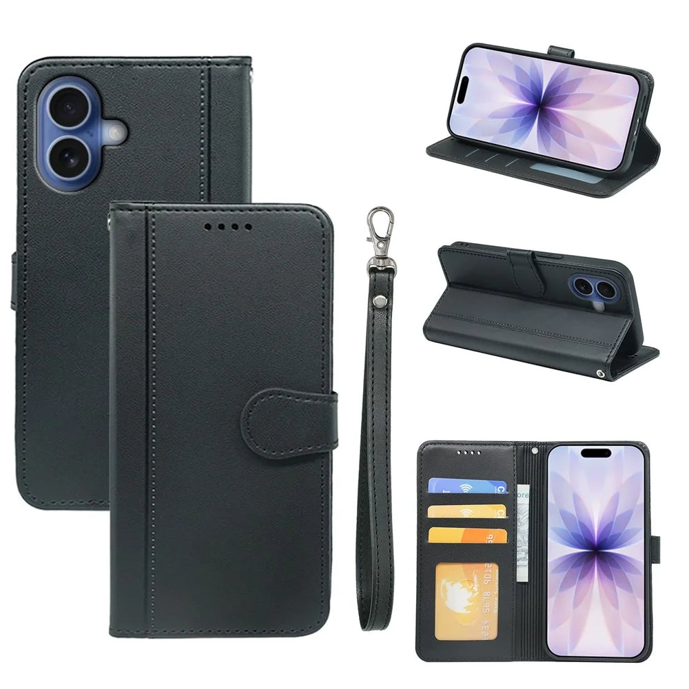 For iPhone 17 Wallet Case Magnetic Snap Leather Phone Cover with Strap - Black - 1