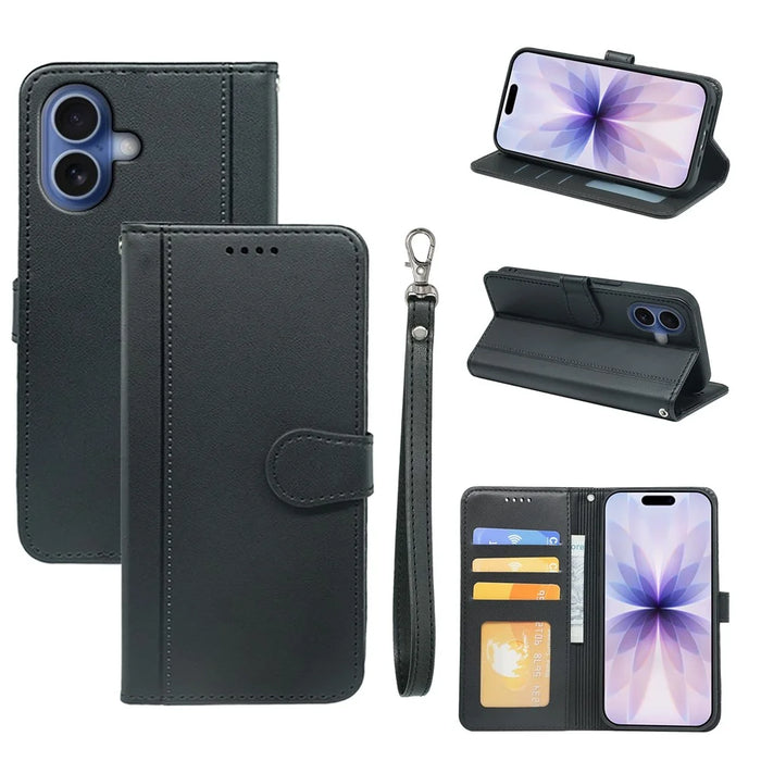 For iPhone 17 Wallet Case Magnetic Snap Leather Phone Cover with Strap - Black - 1