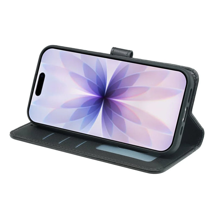 For iPhone 17 Wallet Case Magnetic Snap Leather Phone Cover with Strap - Black - 2