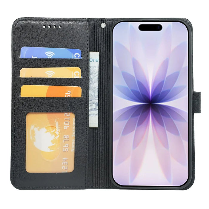 For iPhone 17 Wallet Case Magnetic Snap Leather Phone Cover with Strap - Black - 3