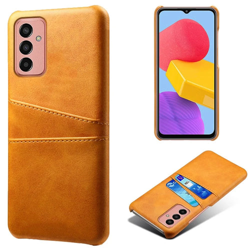 For Samsung Galaxy M13 4G Phone Case with Dual Card Slots, Drop Resistant PU Leather Coated Hard PC Cover - Orange - 1