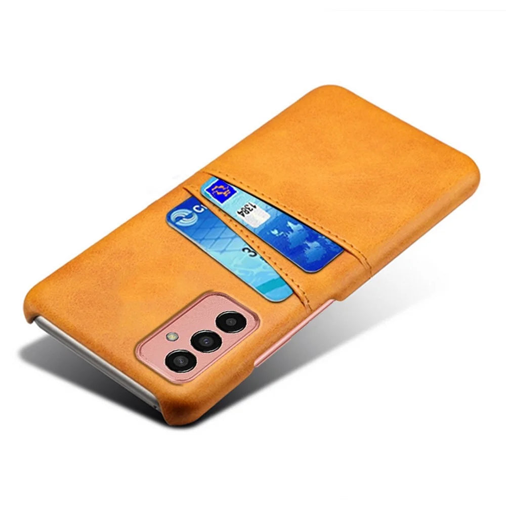 For Samsung Galaxy M13 4G Phone Case with Dual Card Slots, Drop Resistant PU Leather Coated Hard PC Cover - Orange - 3