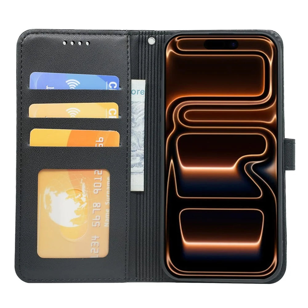 For iPhone 18 Pro / 17 Pro Wallet Case Magnetic Snap Leather Phone Cover with Strap - Black - 3