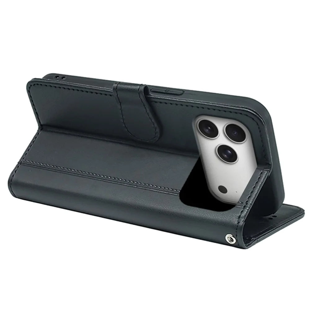 For iPhone 18 Pro / 17 Pro Wallet Case Magnetic Snap Leather Phone Cover with Strap - Black - 4