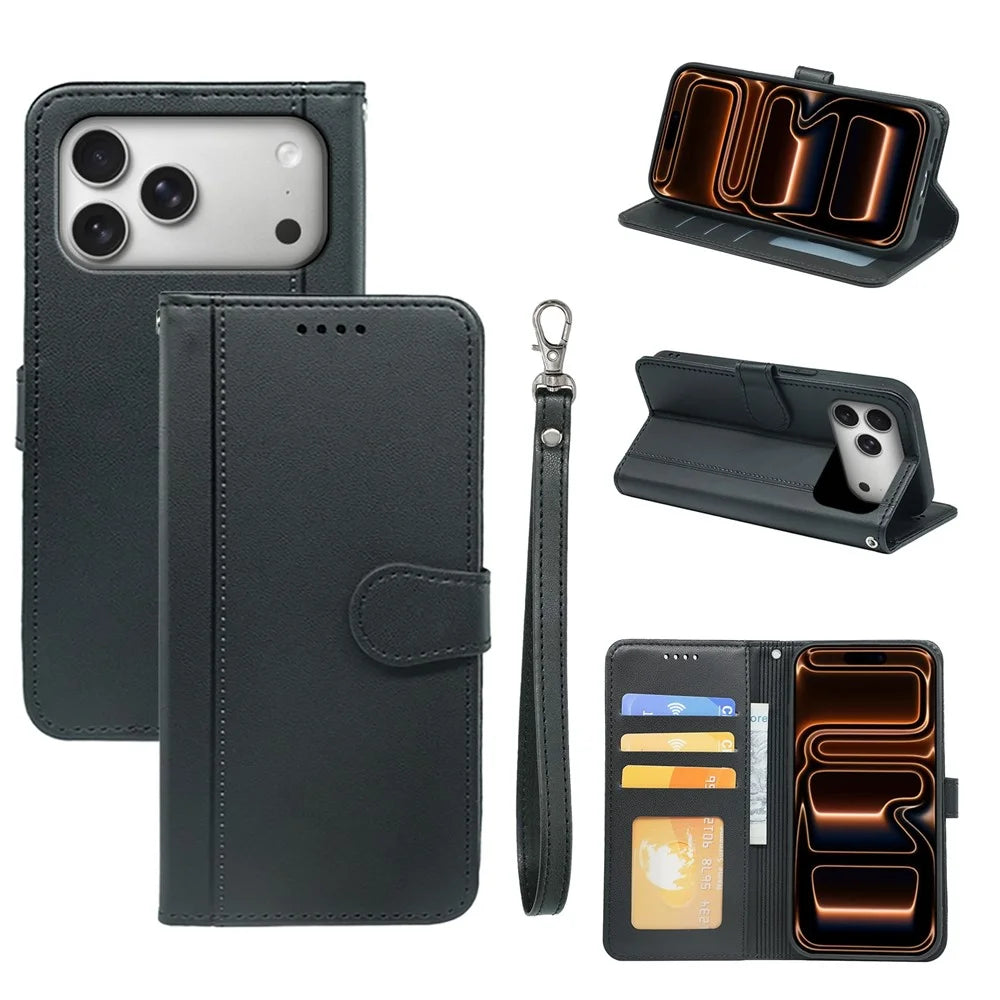 For iPhone 18 Pro Max / 17 Pro Max Wallet Case Magnetic Snap Leather Phone Cover with Strap - Black - 1
