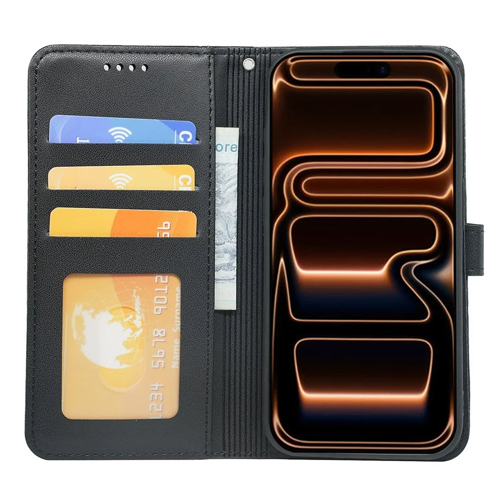 For iPhone 18 Pro Max / 17 Pro Max Wallet Case Magnetic Snap Leather Phone Cover with Strap - Black - 3