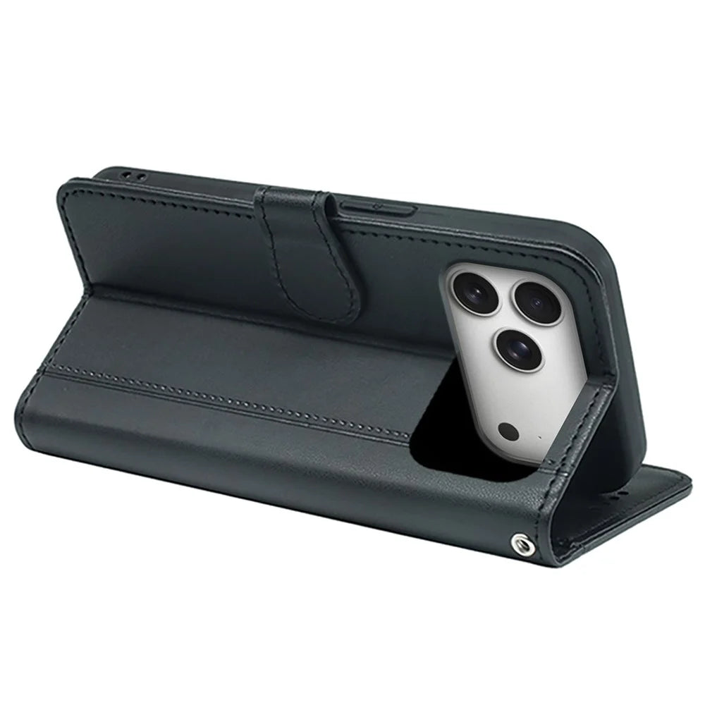 For iPhone 18 Pro Max / 17 Pro Max Wallet Case Magnetic Snap Leather Phone Cover with Strap - Black - 4