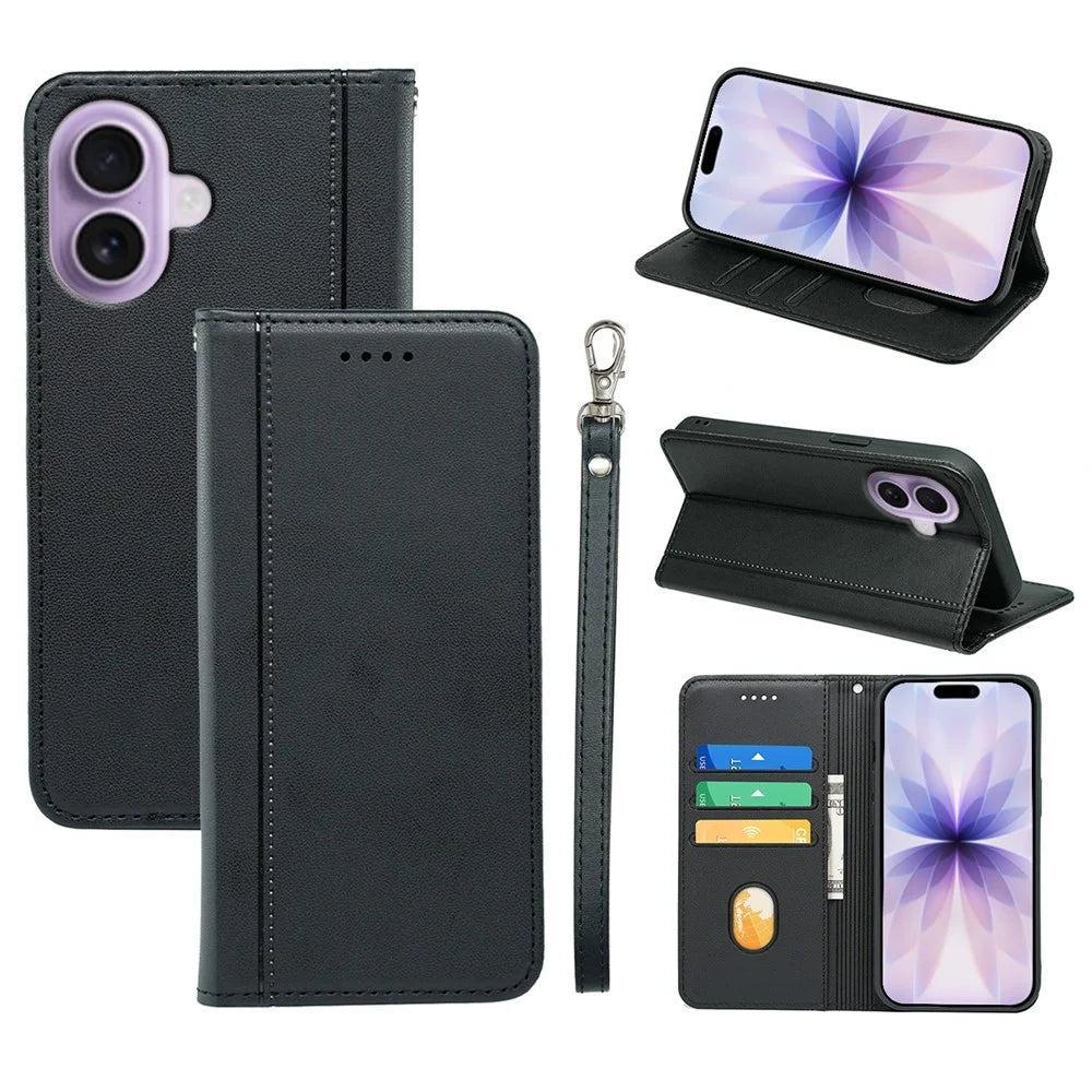 For iPhone 17 Wallet Case Magnetic Closing PU Leather Phone Cover with Wrist Strap - Black - 1