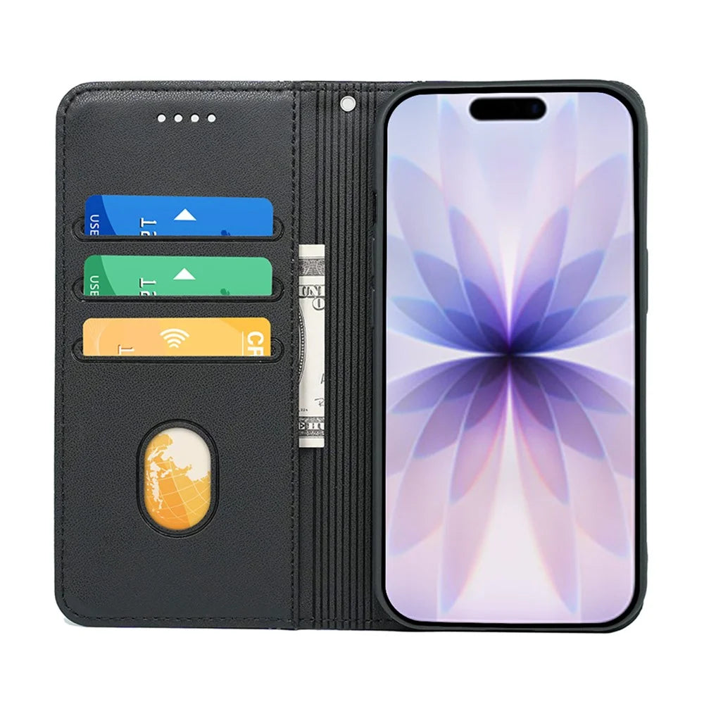 For iPhone 17 Wallet Case Magnetic Closing PU Leather Phone Cover with Wrist Strap - Black - 2