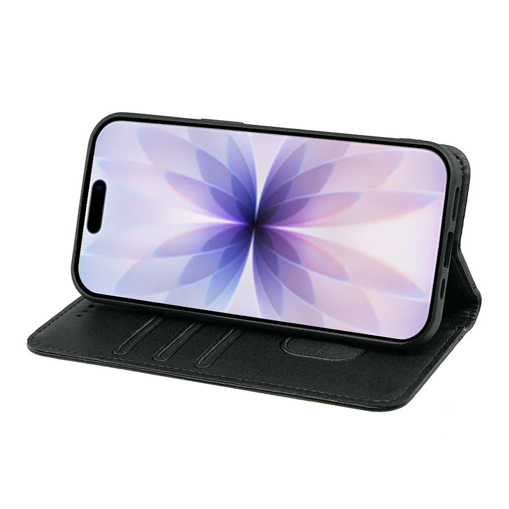 For iPhone 17 Wallet Case Magnetic Closing PU Leather Phone Cover with Wrist Strap - Black - 3