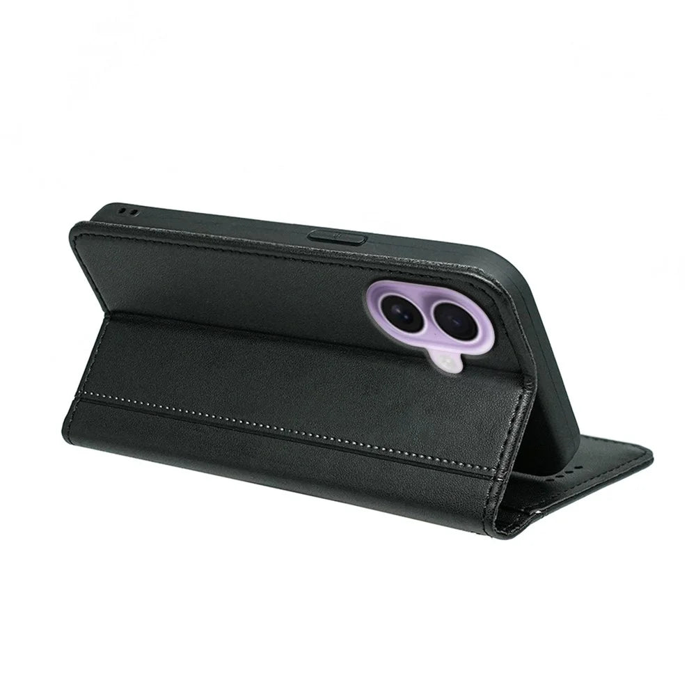 For iPhone 17 Wallet Case Magnetic Closing PU Leather Phone Cover with Wrist Strap - Black - 4