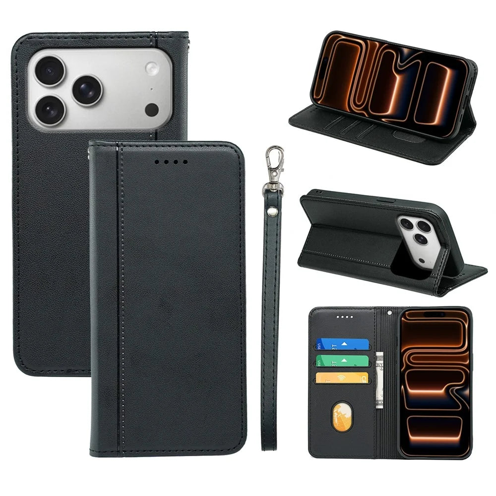 For iPhone 18 Pro Max / 17 Pro Max Wallet Case Magnetic Closing PU Leather Phone Cover with Wrist Strap - Black - 1