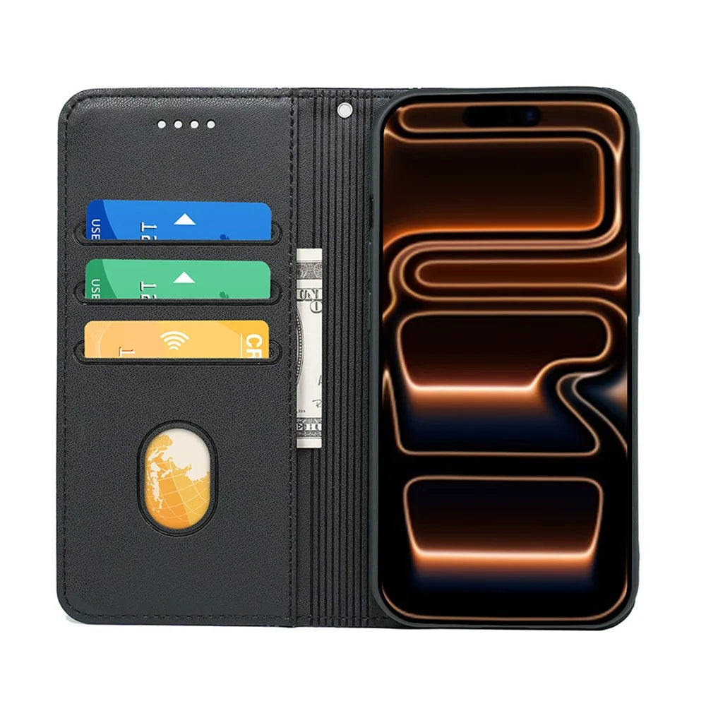 For iPhone 18 Pro Max / 17 Pro Max Wallet Case Magnetic Closing PU Leather Phone Cover with Wrist Strap - Black - 2