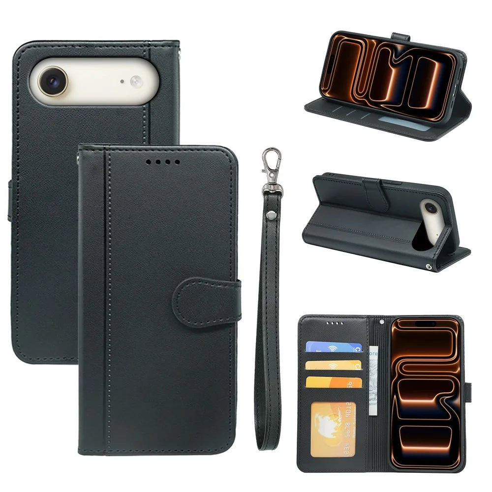 For iPhone Air Wallet Case Magnetic Snap Leather Phone Cover with Strap - Black - 1