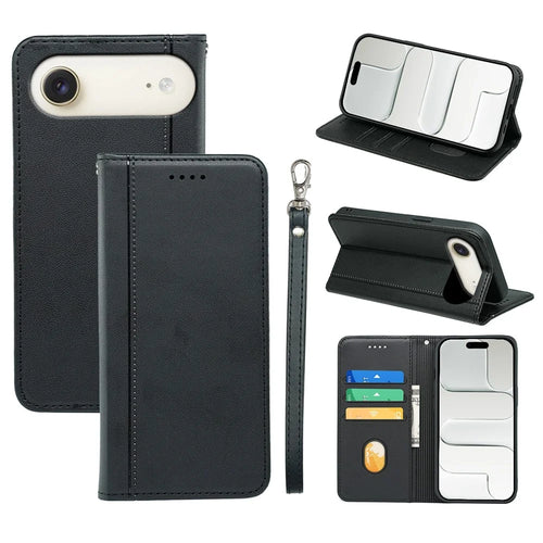 For iPhone Air Wallet Case Magnetic Closing PU Leather Phone Cover with Wrist Strap - Black - 1