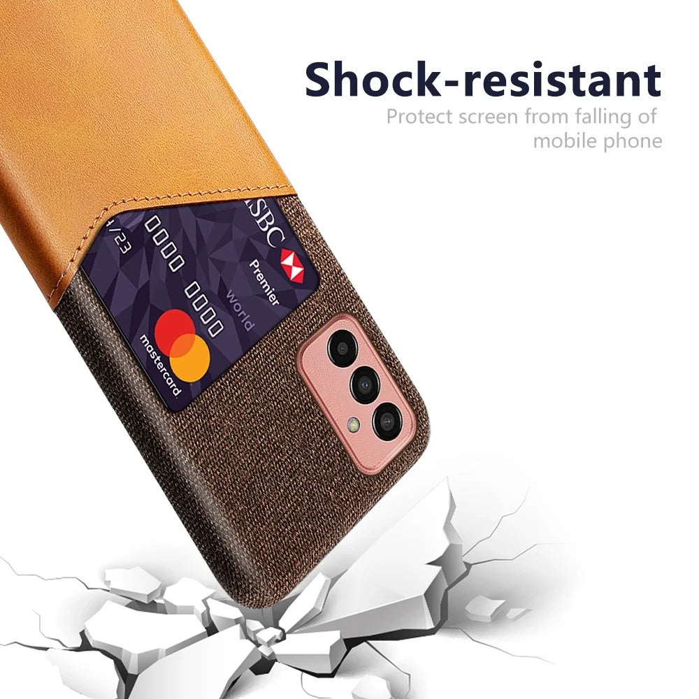 Cellphone Case for Samsung Galaxy M13 4G Card Holder Design Anti-fall Cloth Texture Phone Case PU Leather Coated PC Cover - Brown - 3