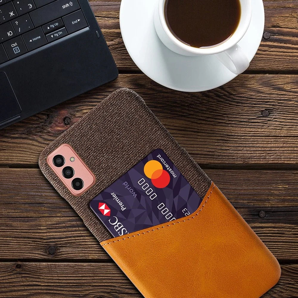 Cellphone Case for Samsung Galaxy M13 4G Card Holder Design Anti-fall Cloth Texture Phone Case PU Leather Coated PC Cover - Brown - 4